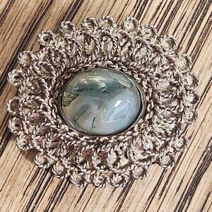 Vintage Made Israel 935 Sterling Silver Agate Cabochon Filigree 1.5"